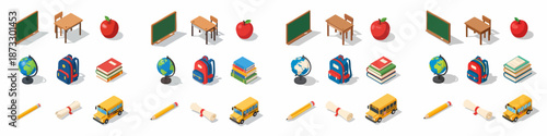 Isometric collection of essential school and education icons including desk, blackboard, apple, globe, backpack, books, pencil, diploma, and school bus.