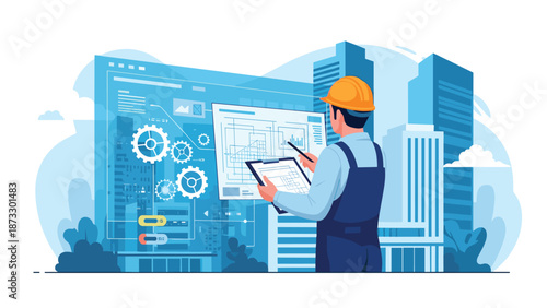 Professional engineer wearing a yellow hard hat examines a digital architectural blueprint in front of a modern city.
