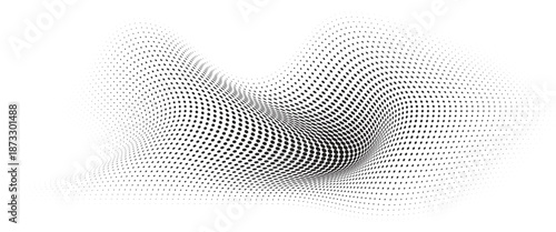 Flowing Wave Dot Halftone Pattern: Curve Gradient Shape on Transparent Background. Suitable for AI, Tech, Network, Digital, Science, and Technology Themes.