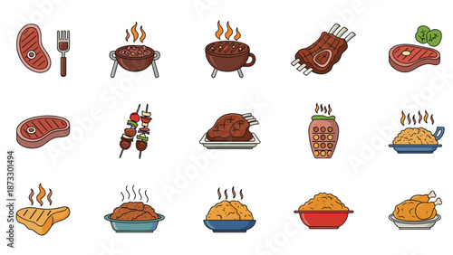 Assorted collection of colored outline icons featuring various cuts of steak, grilled meat, skewers, and cooked meals.