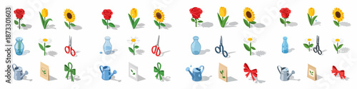 Collection of isometric gardening and floristry icons: flowers (rose, tulip, sunflower), tools (watering can, shears), seeds, vases, and decorative bows on white.