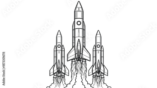 Group of three powerful space rockets launching vertically with smoke and fire trails in a detailed line art drawing.