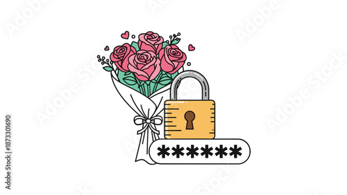 Concept of romantic privacy or digital security showing a bouquet of red roses behind a secure padlock and password field.