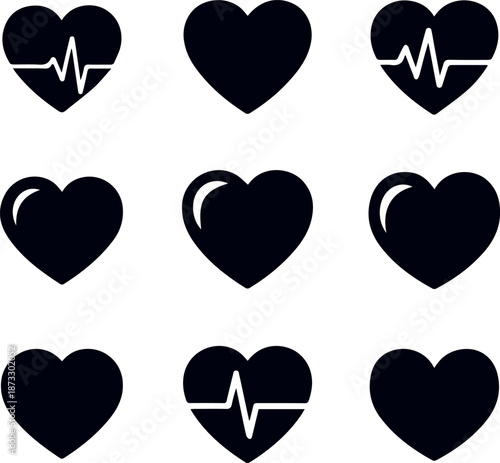 Set of nine heart icons isolated on white background, Vector, illustration