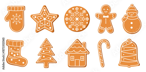 Set of Christmas gingerbread cookies in cartoon style. Vector illustration of cookies with sweet, white icing: mitten, star, snowflake, gingerbread man, sock, Christmas tree, house, cane, bell.
