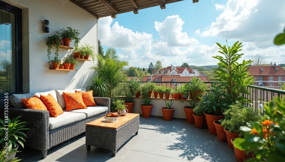 Obraz premium Sunny balcony with cozy seating. Terrace features various potted plants. Relaxing outdoor space with a comfortable sofa and coffee table. Picturesque view of rooftops and sky.