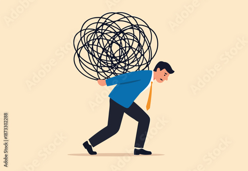 Stress burden, anxiety from work difficulty and overload, problem in economic crisis or pressure from too much responsibility concept, tried exhausted businessman carrying heavy messy line on his back