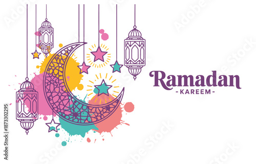 Adobe Illustrator Artworkramadan greeting card or banner horizontal background, traditional watercolor lanterns, crescent moon and stars, ramadan kareem decoration, vector design for muslim holiday.