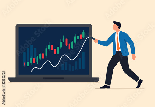 Stock trading or crypto currency investing, technical analysis for investment, financial graph and chart, stock market or currency exchange concept, businessman investor using laptop to trade graph.