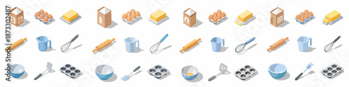 Isometric set of baking ingredients and utensils including flour, eggs, butter, rolling pins, whisks, and mixing bowls.