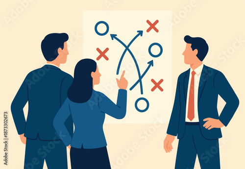 Strategic planning, plan to overcome difficulty or obstacle to reach goal or target, team brainstorm or competitor analysis, business success concept, business team planning for success tactic chart.