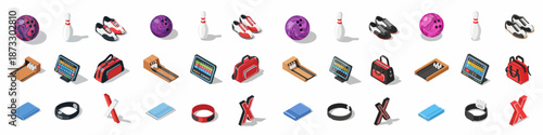 Isometric Bowling Equipment Icon Set: Collection of Balls, Pins, Shoes, Score Screens, Bags, and Accessories for Sports and Leisure Graphics.