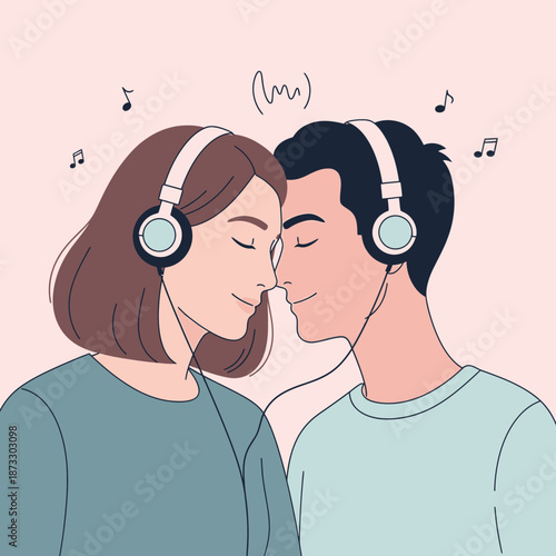 Harmonious Melodies: A young couple, lost in the intimacy of music, shares a moment of connection, each wearing headphones. Musical notes gently float, symbolizing the shared rhythm of their hearts.