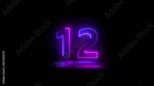 Glolwing neon text 12 number countdown animation with blue and magenta color