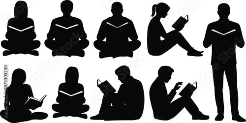 People Reading Book Silhouette Vector Set, Black and White Students and Adults in Sitting and Standing Poses for Education, Learning, and Library Design Use