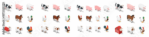 Large isometric farm animal collection featuring livestock such as cows, pigs, sheep, horses, goats, chickens, ducks, and roosters, isolated on white.
