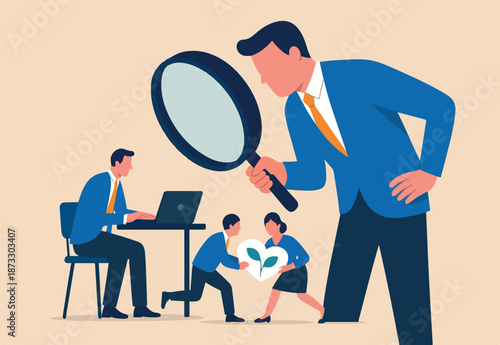 Micromanaging boss, toxic manager monitoring every details, excessive supervision and control of employee work and processes, micromanager boss using magnifying glass keep looking at employee working