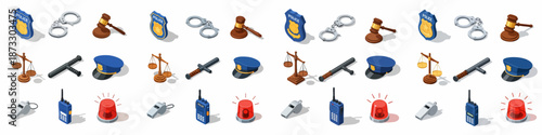 Isometric Police and Law Enforcement Icons Set including Badge, Handcuffs, Gavel, Justice Scales, Baton, Cap, Whistle, Radio, and Siren Light.