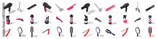 Isometric collection of professional hairdressing and barber tools, including scissors, dryer, comb, razor, and barber pole icons for salon equipment design.