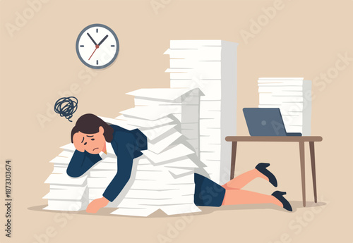 Overwork and overload work make employee exhausted and stressed leads to depression, burnout and low efficiency, fatigue business woman buried under pile of paper or unfinished work near deadline..