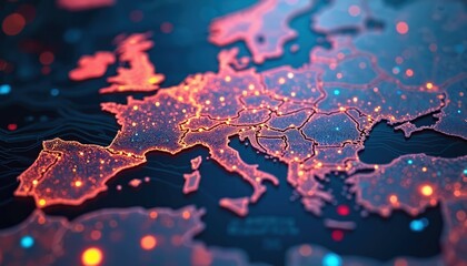 Europe map with glowing dots on dark blue. Digital network tech represents European connection. Data transfer, communication across countries. Concept of modern integration, security, innovation