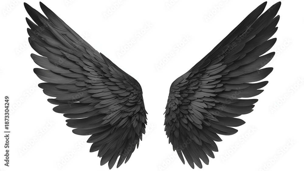 Obraz premium Large Black Wings Spread Wide: Realistic Dark Plumage and Upward Feathers for Gothic Fantasy, Fallen Angel, or Raven Concept Art