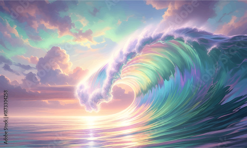 Colorful glowing ocean wave at golden sunset with rainbow reflections, fantasy seascape showing powerful water motion, vibrant sky, peaceful yet dramatic nature scenery illustration