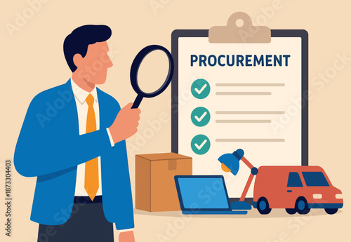 Procurement and asset management, manage or purchasing company equipments, goods and service, audit and checking price and depreciation, businessman procurement manager checking supply assets