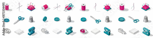 Isometric set of sewing and tailoring tools, featuring thread, needles, buttons, thimble, scissors, measuring tape, pin cushion, fabric, and sewing machine icons.