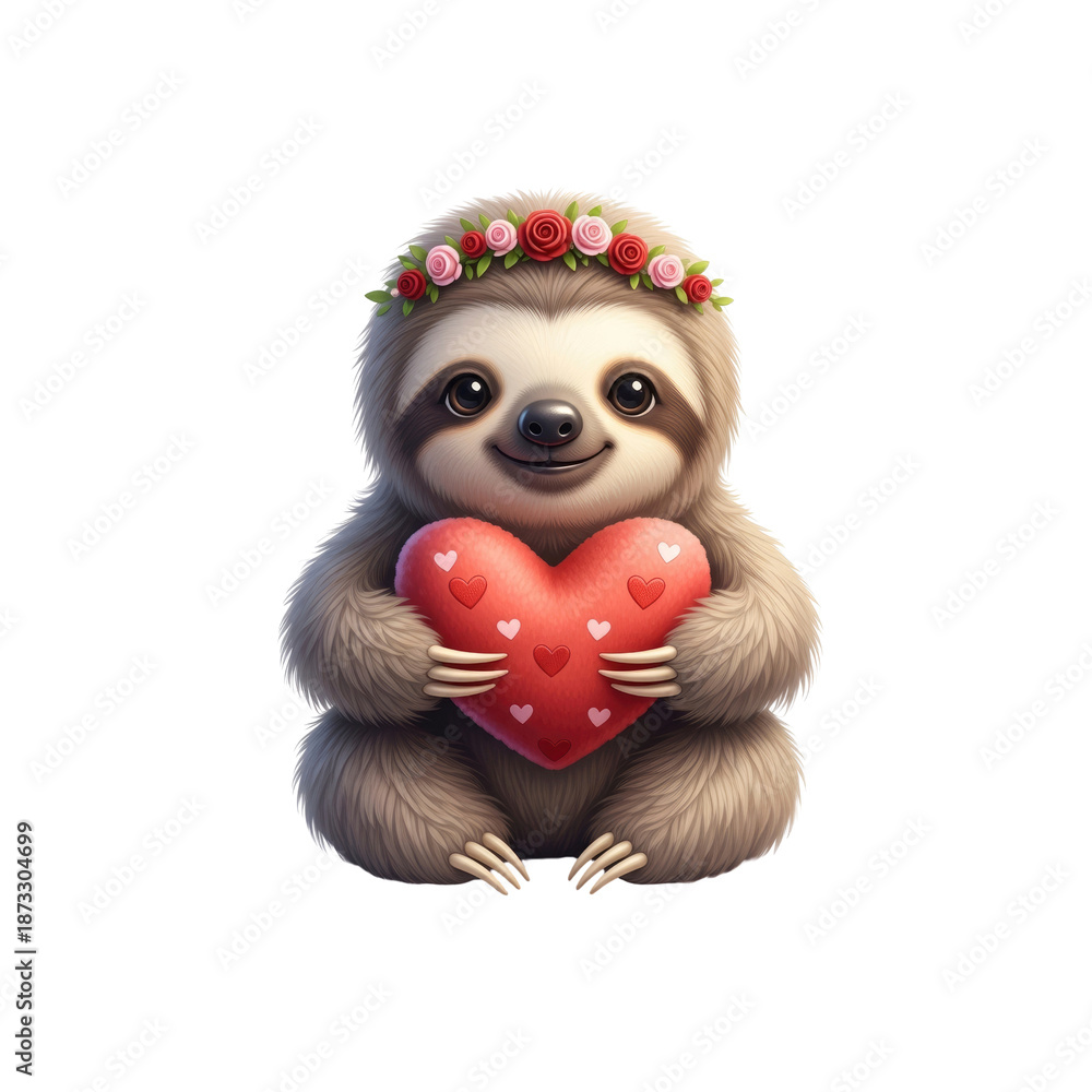Obraz premium Cute sloth holding heart with flower crown