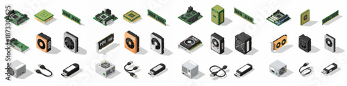 Detailed isometric icons of computer components: CPU, motherboard, RAM, GPU, hard drive, power supply, and accessories for tech diagrams and assembly.