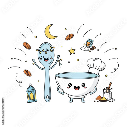 Whimsical Culinary Adventure: A cheerful, illustrated scene unfolds with a smiling bowl, spoon, and food ingredients. This delightful artwork conjures up the essence of cooking