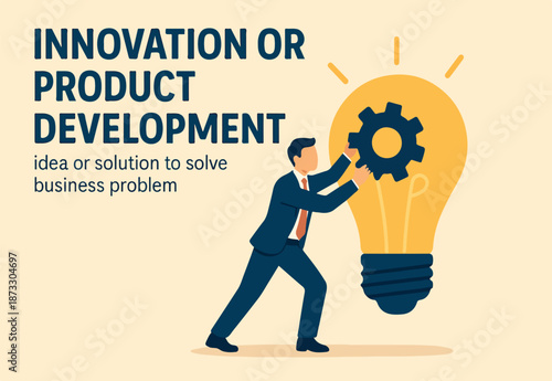  Innovation or product development, idea or solution to solve business problem, invention or technology creation to build new product, efficiency concept, businessman build gear in lightbulb idea.