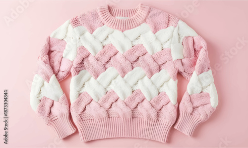 Pink Soft knitted sweater with white zigzag pattern displayed on pastel background, cozy winter fashion clothing flat lay, minimal style product photography concept