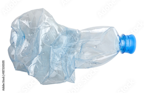 Crushed Plastic Water Bottle With Blue Cap Crumpled Transparent Waste for Recycling isolated on a white background