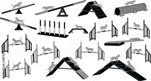 Black and white illustration of dog agility course obstacles featuring seesaw tunnel and jumps with gray dog silhouettes on white background,