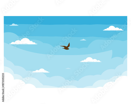 Brown bird flying through fluffy white clouds in a bright blue sky.