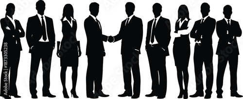 Black and white silhouette of business professionals standing in line with two people shaking hands for corporate partnership and teamwork,