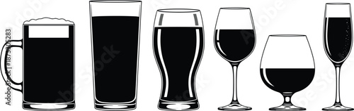 Black and white silhouette of six different drinking glasses including beer mug wine glass and champagne flute on white background,