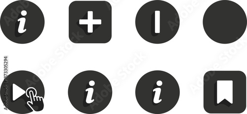 Standardized collection of dark gray circular and rounded square icons featuring drop shadows, including information symbols