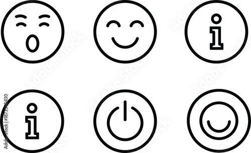 Set of six circular line-art icons featuring expressive emoticons, universal information symbols, and a system power button for user interface and help menu vector design.