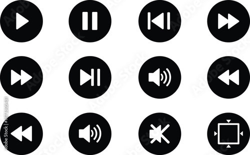 Comprehensive collection of high-contrast circular multimedia playback icons featuring white silhouettes on black backgrounds for video and audio player user interface design.