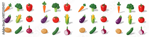 Isometric Vegetable Pattern Collection. Flat Vector Illustration Set of Fresh Produce like Carrots, Broccoli, Tomatoes, Corn, and Onions on White Background.