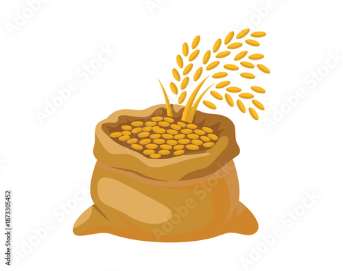 Brown burlap sack overflowing with golden grains and wheat stalks.