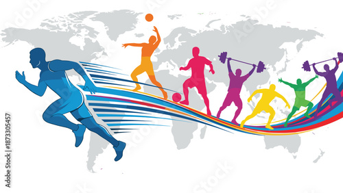 Dynamic athletic sports poster with colorful athlete silhouettes and world map background featuring running soccer volleyball and weightlifting figures in motion,