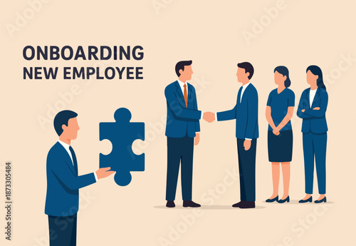 Onboarding new employee, warm welcome to new office, introduce new hire to colleagues, orientation training on first day concept, businessman manager handshake welcome and introduce new staff to team.
