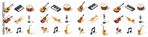 Isometric Music Instruments Vector Icon Set. Collection of acoustic, electronic, and brass instruments including guitar, keyboard, drums, saxophone, and violin.