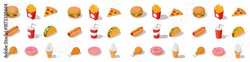 Isometric set of classic fast food and junk food icons: burger, fries, pizza, soda, taco, hot dog, chicken, donut, and soft serve ice cream.