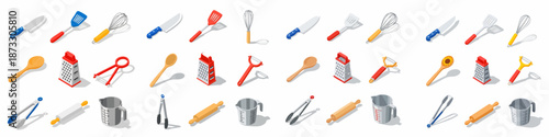 Collection of isometric kitchen utensils and cooking tools, including knife, whisk, spatula, grater, measuring cup, and rolling pin, isolated on white.