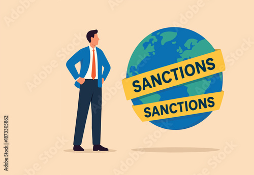 World economic sanctions, force country to obey international law by limit or stop trading concept, businessman look at planet earth world country with prohibited yellow tape with word sanctions.